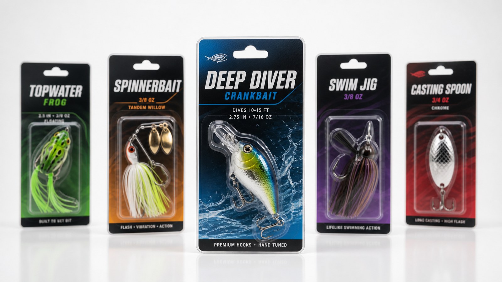 Retail fishing lure blister packaging examples