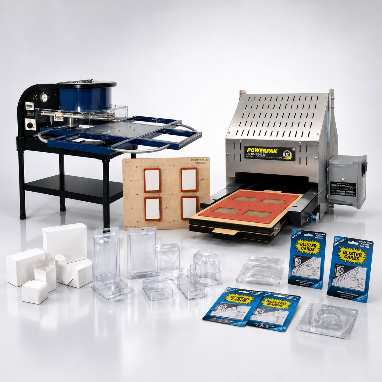 Powerpak packaging machines with blister cards, tooling, clamshells, cartons, and sample packages