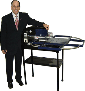 Powerpak representative standing beside a blue heat seal machine